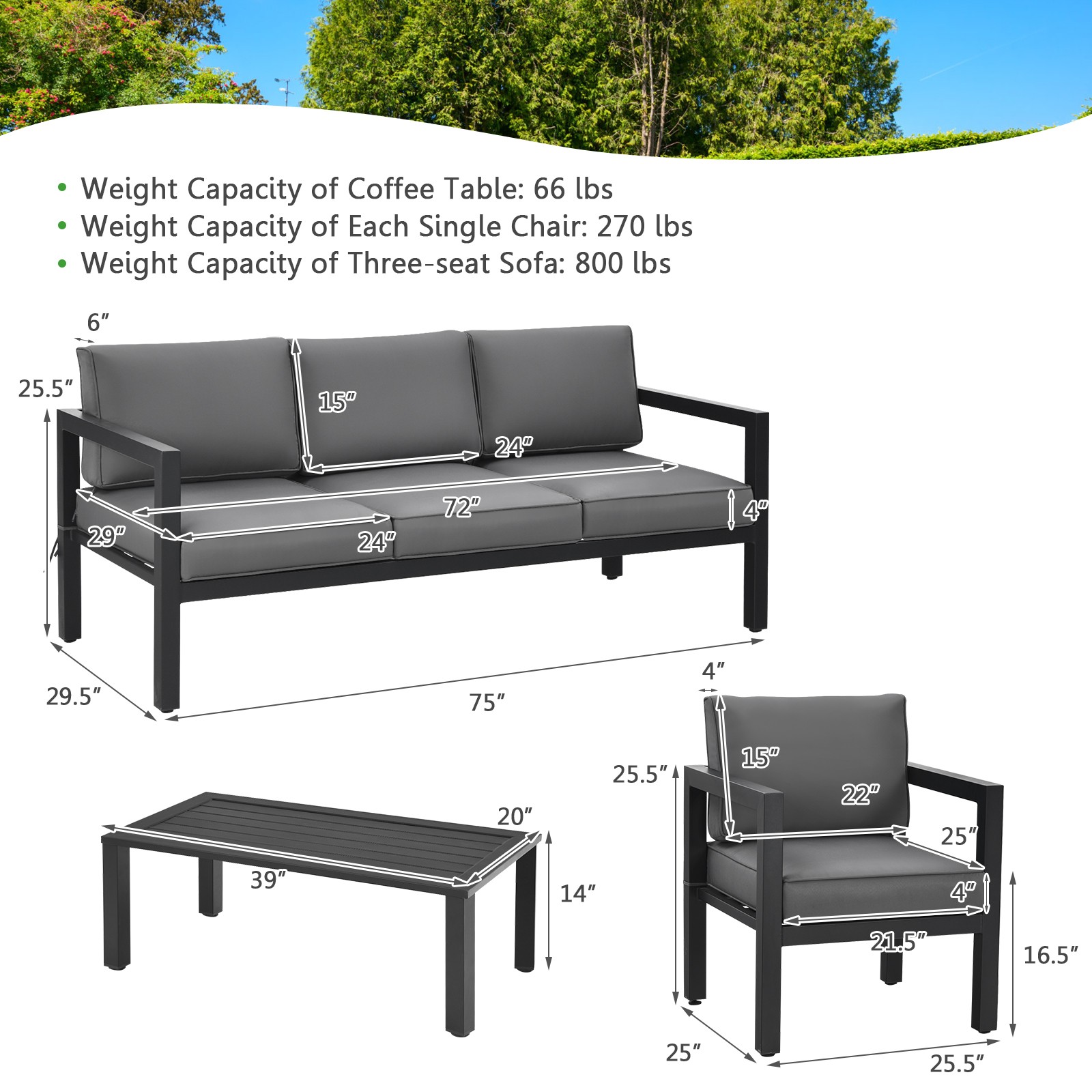 Patiojoy Outdoor 4-Piece Patio Furniture Set Sectional Sofa Set Coffee Table