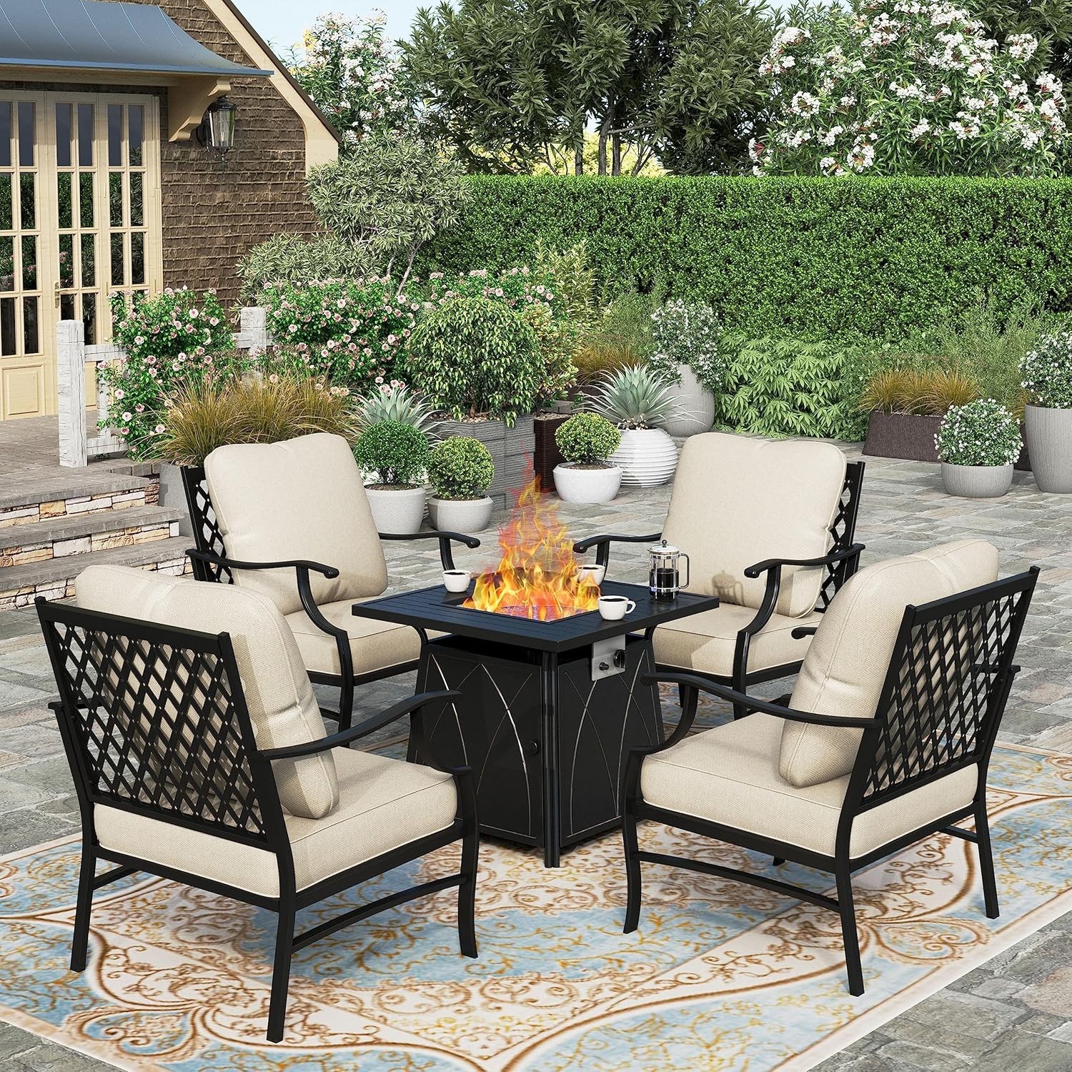5 Pcs Patio Furniture Set Garden Lawn Outdoor Set with Gas Fire Pit Table Heater