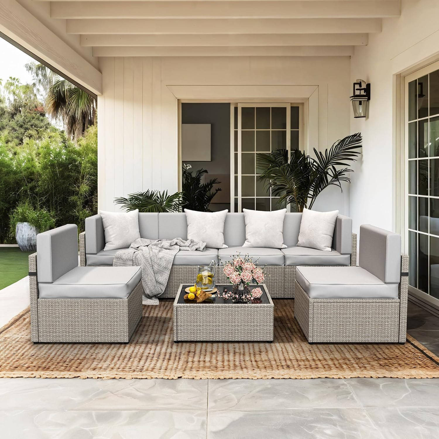7-Piece Outdoor Sectional Furniture Set, All-Weather Wicker Patio Sofa with Wash
