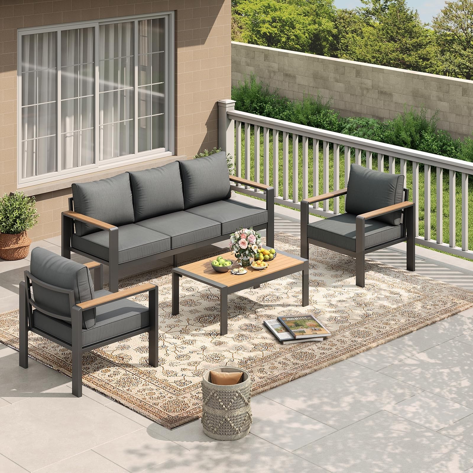 4 Pieces Patio Furniture Set Outdoor Sectional Sofa Set w/ Table for 5 Seat Grey