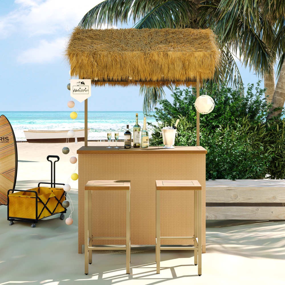 2-Piece Outdoor Tiki Bar Set w/ Adjustable Feet & Storage Space, Acacia Wood Top