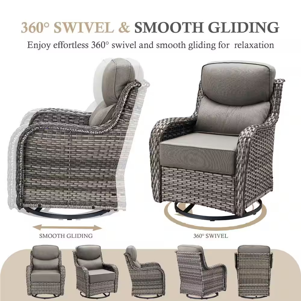 Arcadia Gray 3-Piece Wicker Swivel Rocker Patio Conversation Set with 6 In. Thic