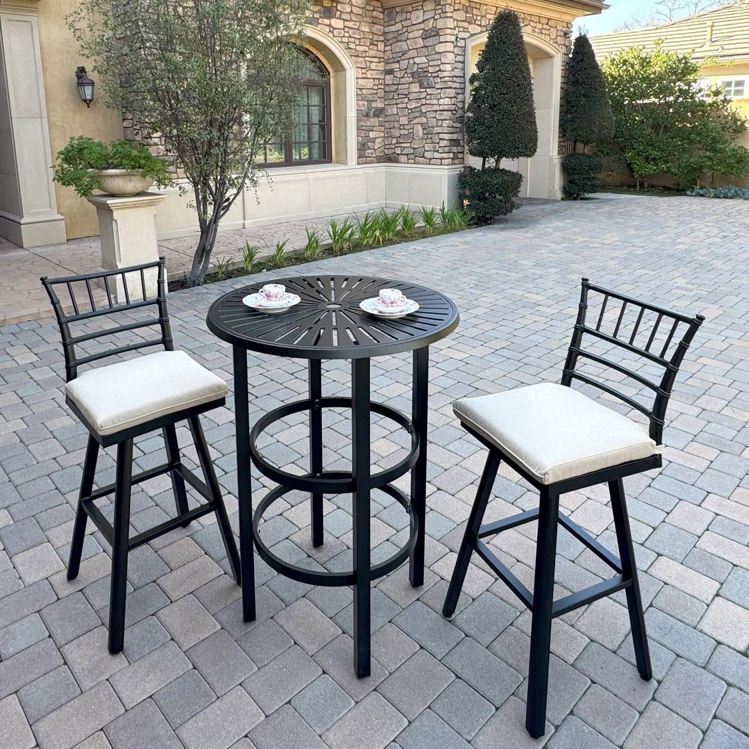 Bella Aluminum 3 Pc Patio Bar Set 30-in Round Bar Table in Beige by Darlee