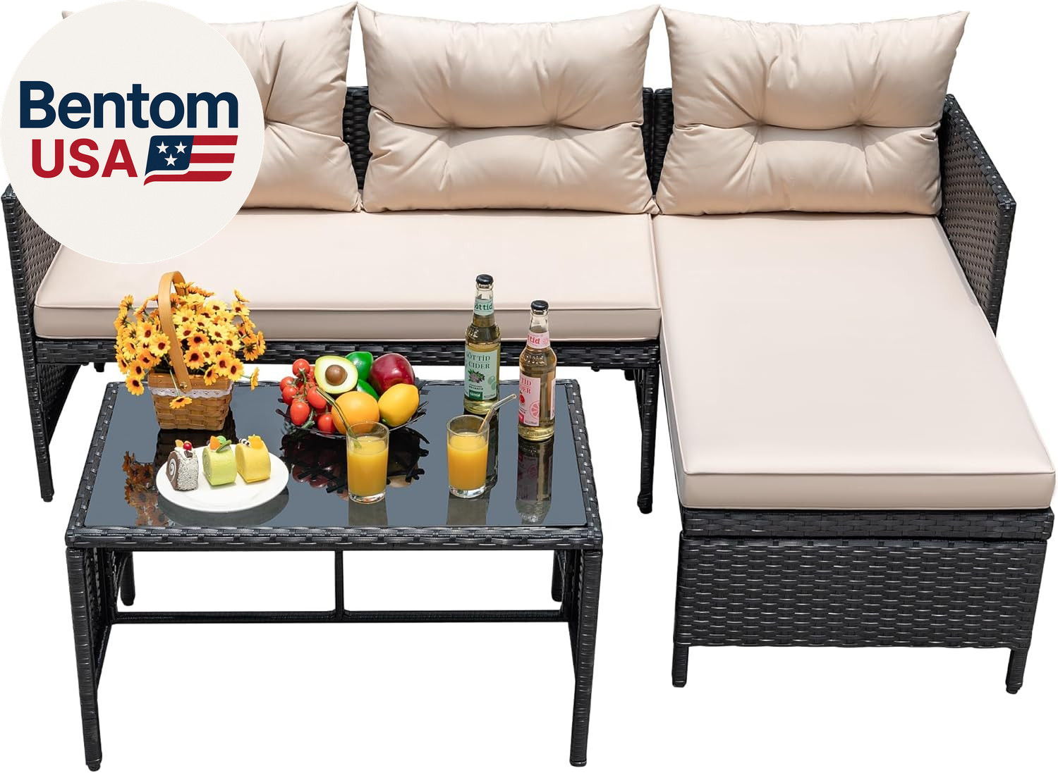 Outdoor Patio Furniture 3-Piece Rattan Waterproof Outdoor Sectional Sofa All-Wea