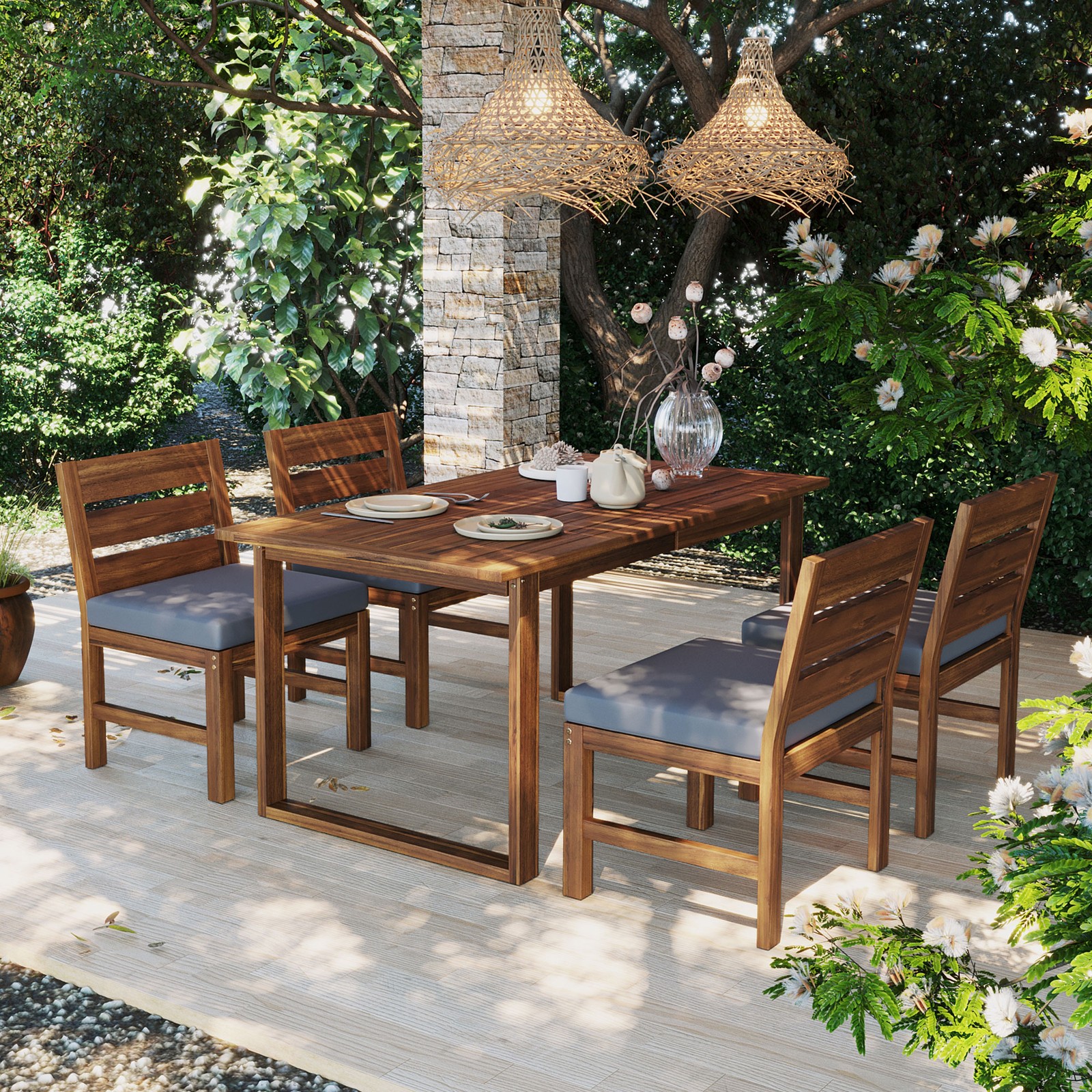Acacia Wood Outdoor Dining Set for 4 with Cushions, Farmhouse Style