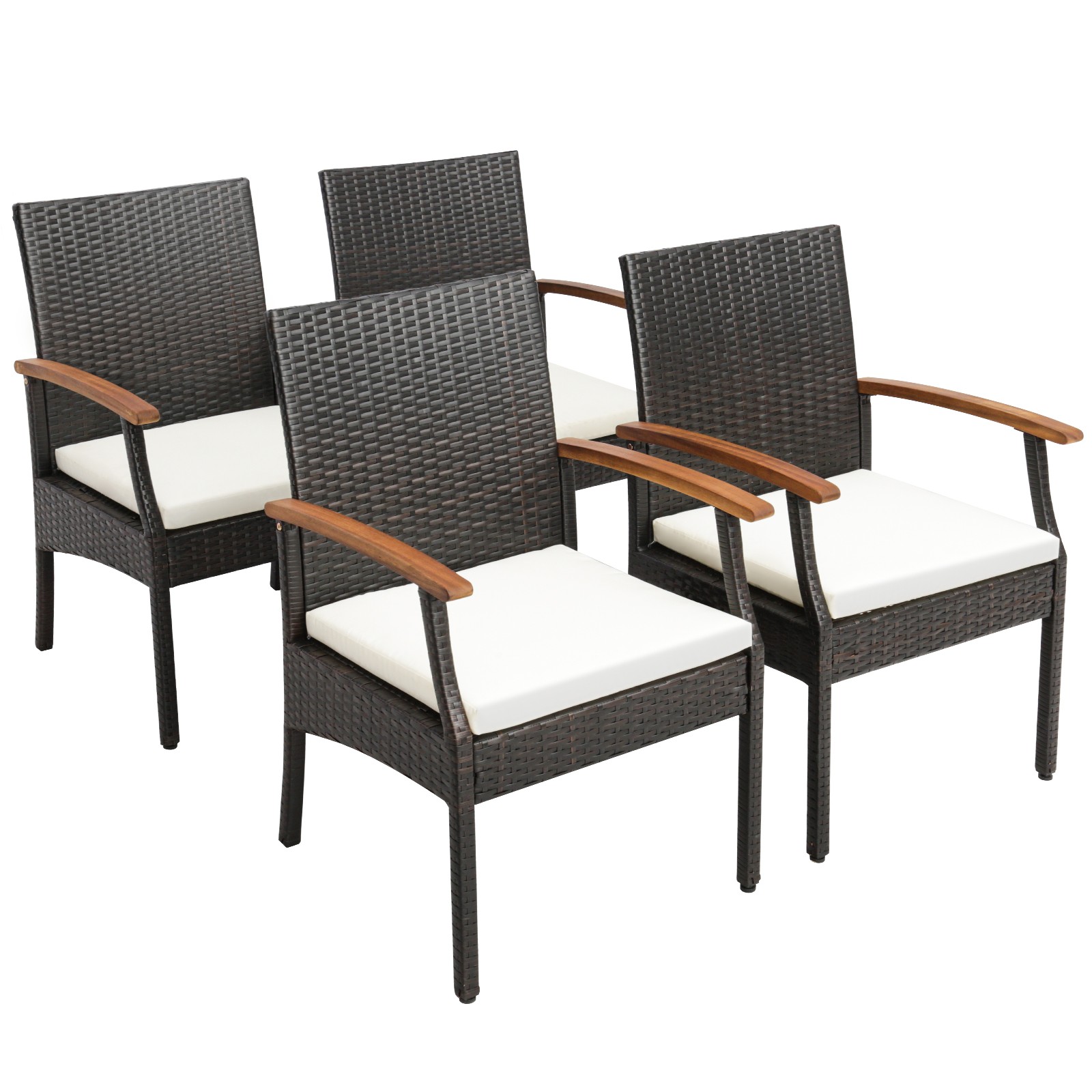 5 PCS Patio Rattan Dining Set Acacia Wood Table 4 Wicker Chairs w/ Umbrella Hole