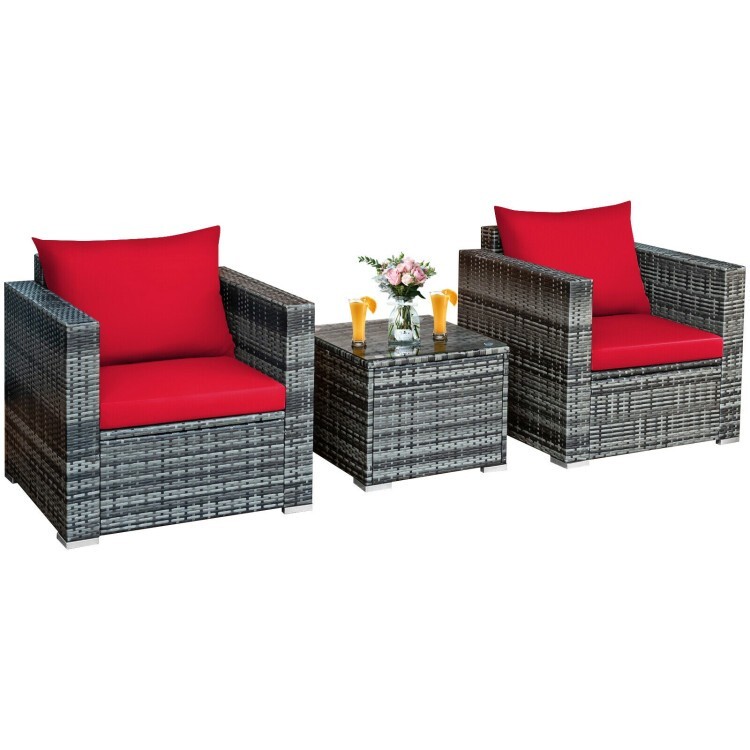 3 Piece Cushioned Sofa Chair Table Patio Outdoor Rattan Furniture Bistro Set Red
