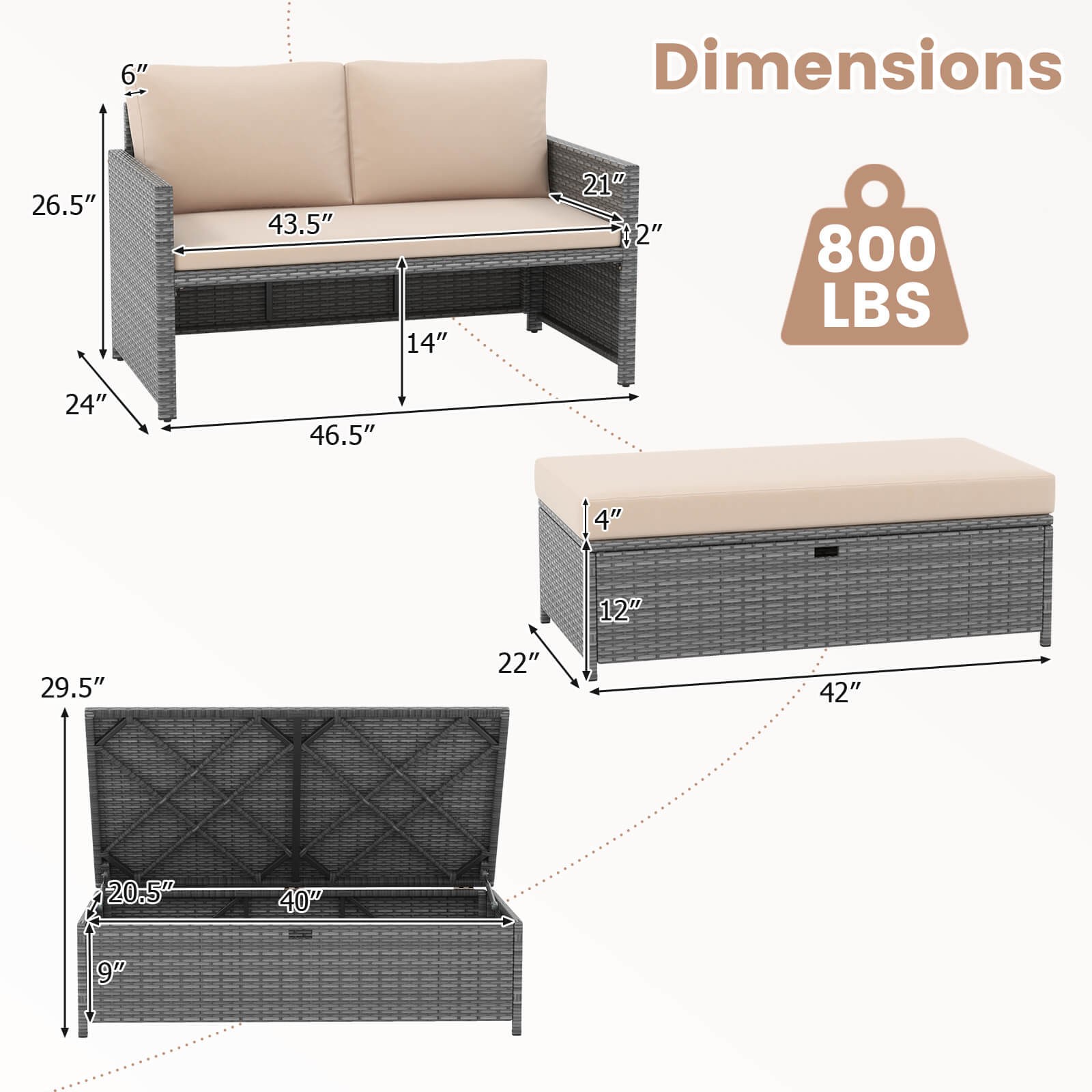 2 PCS Patio Loveseat w/ 31 Gal Multifunctional Storage Ottoman and Soft Cushions