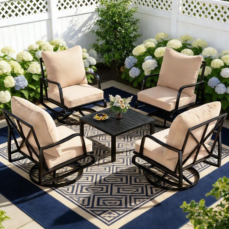 4 Person Patio Swivel Chair Conversation Set Cushions Steel Frame Table Weather
