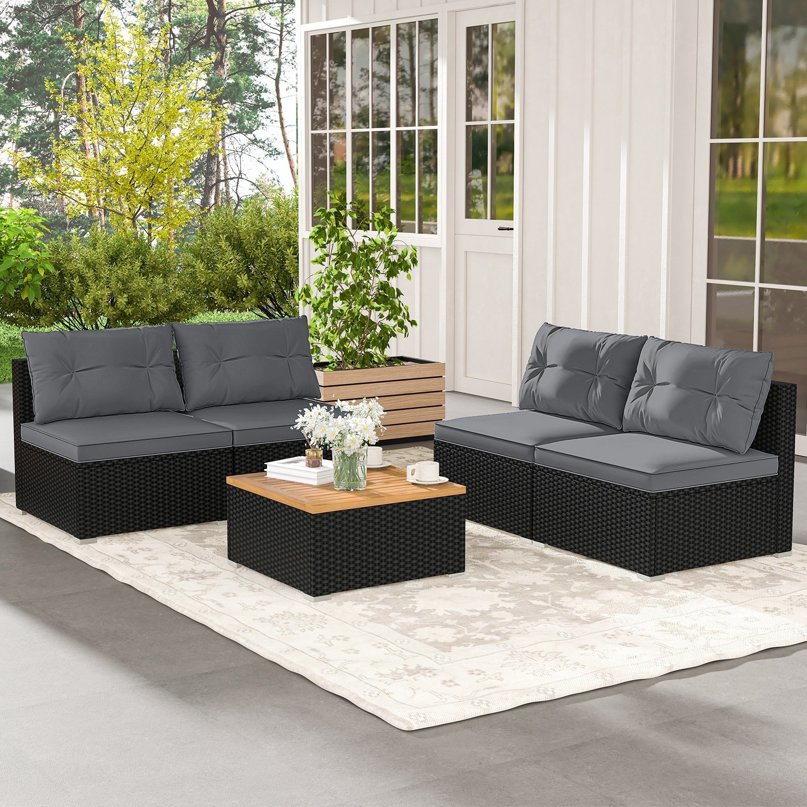 Gymax Set Of 5 Outdoor Furniture Set w/ Seat and Back Cushions Acacia