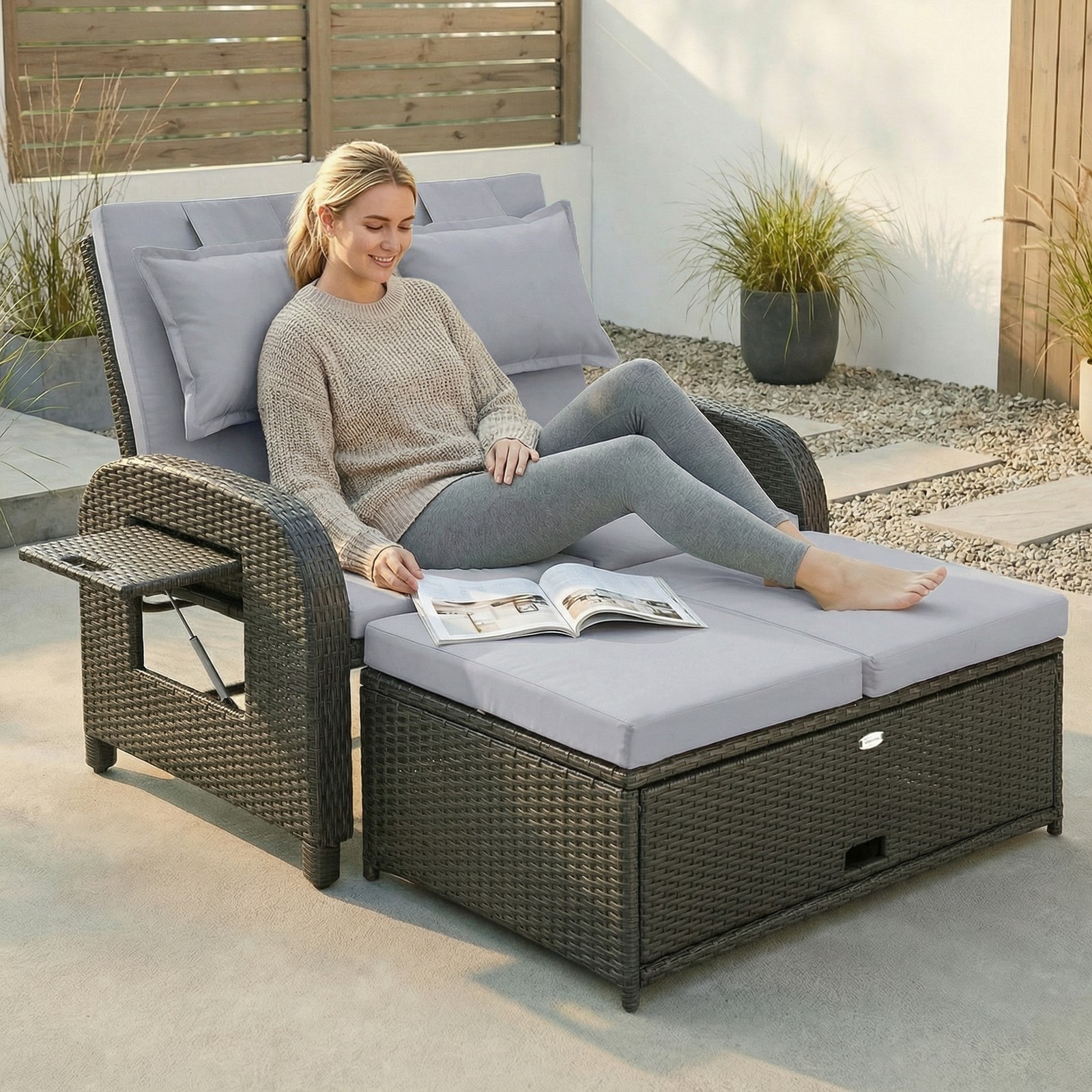 Outsunny Outdoor Patio Rattan Daybed w/ Storage Ottoman, Gray