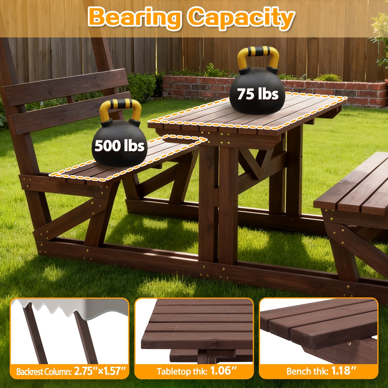 Solid Wood Picnic Table Set w/ Removable Waterproof Canopy, 4-Seater, Brown
