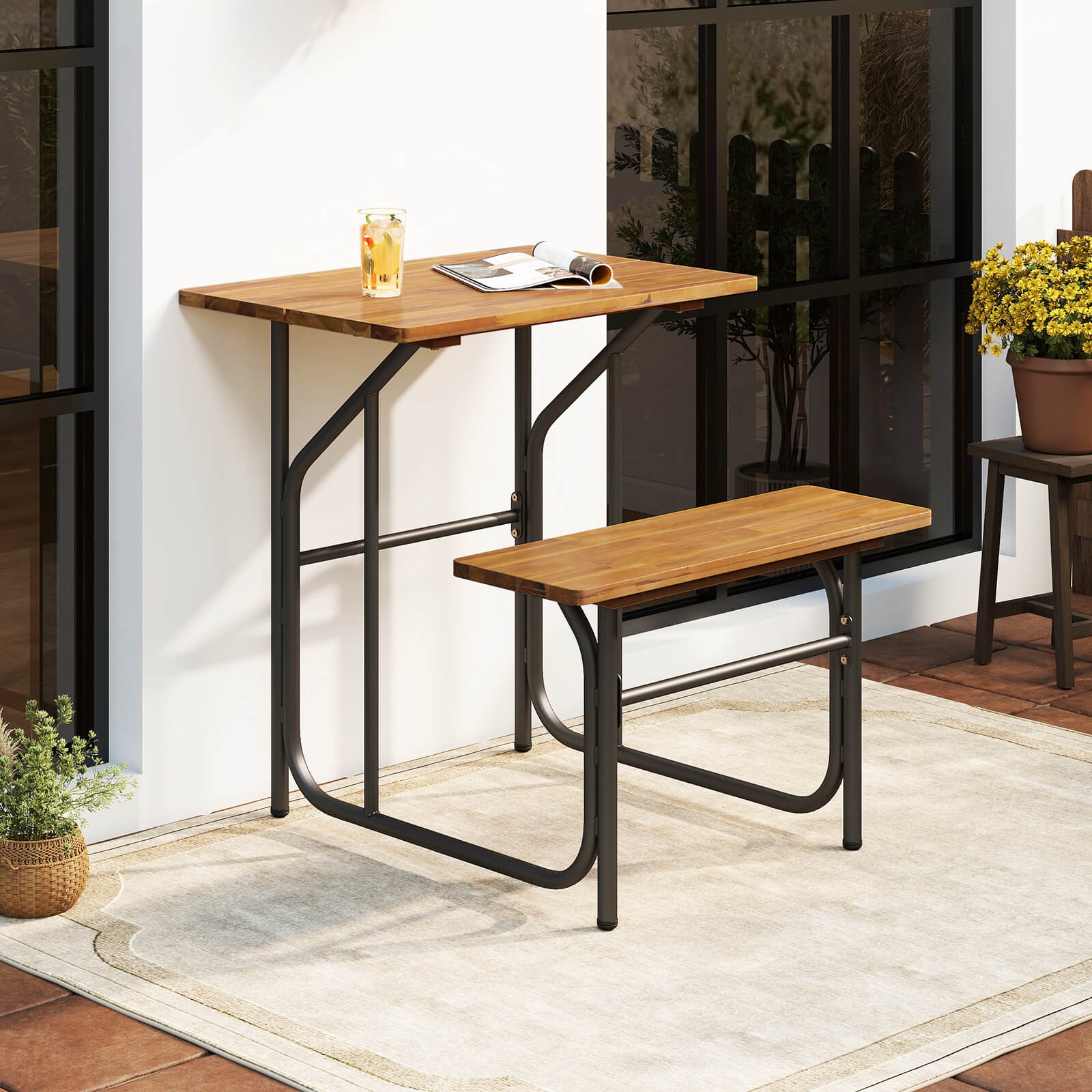 Patio Table Bench Set One-Side Picnic Table & Seat w/ Acacia Wood Top Metal Legs