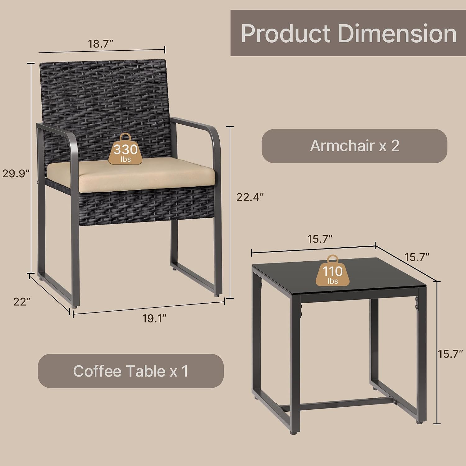 3 Pieces Patio Bistro Sets, Outdoor Rattan Conversation with Glass Table, Wicker
