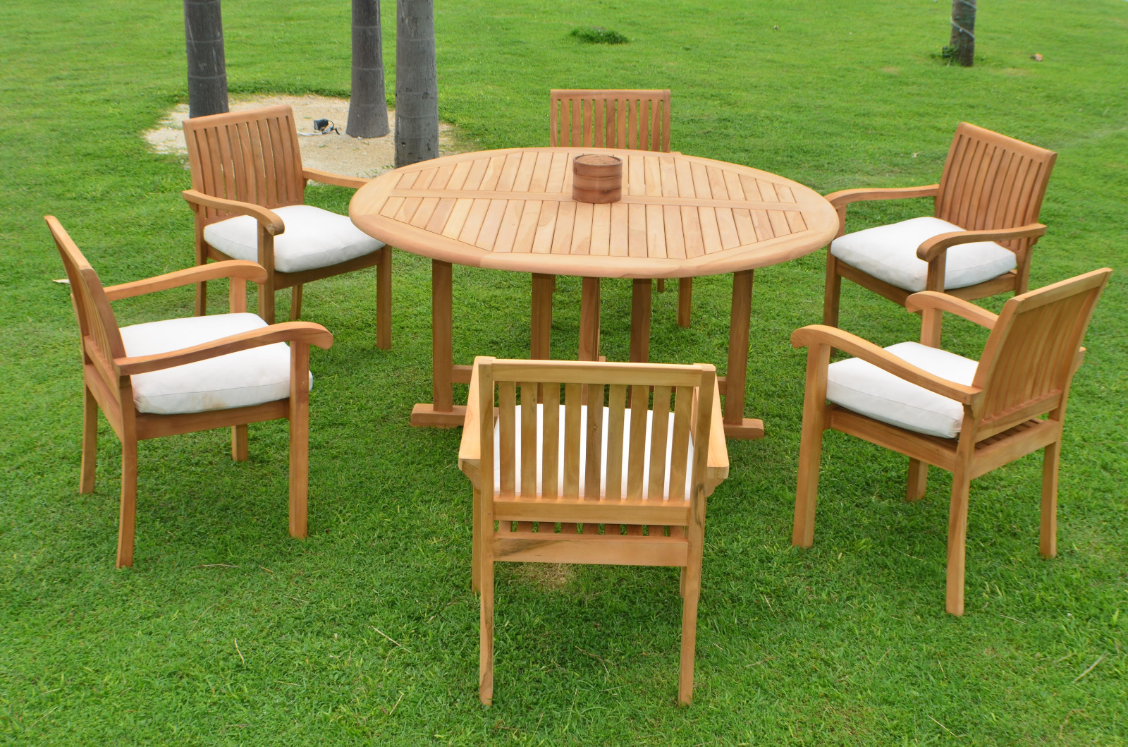 7 PC OUTDOOR DINING TEAK PATIO POOL SET – 72″ ROUND TABLE, 6 STACKING ARM CHAIRS