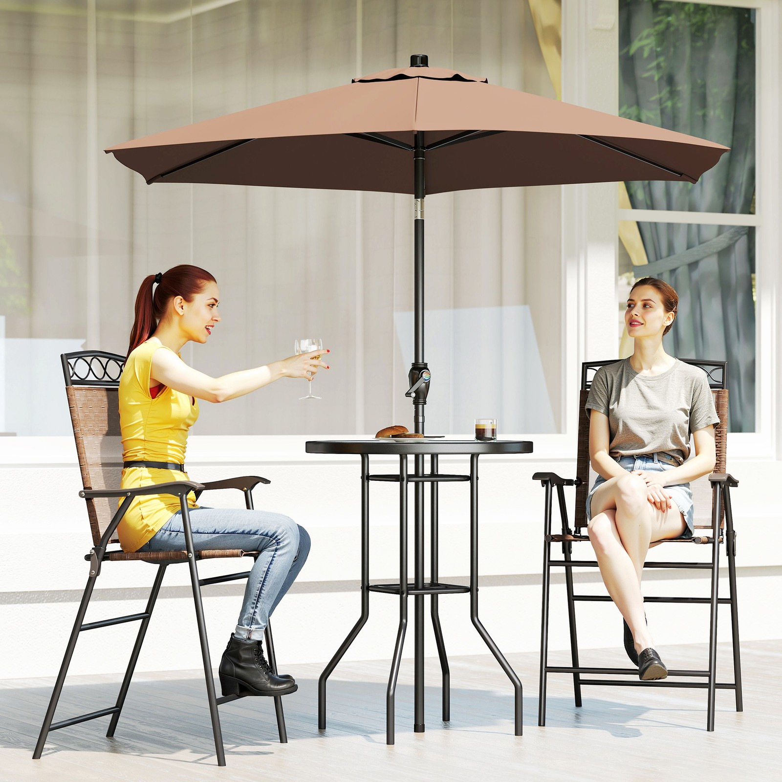 4pc Outdoor Patio Dining Set Furniture, 2 Folding Chairs, Table, Umbrella, Brown