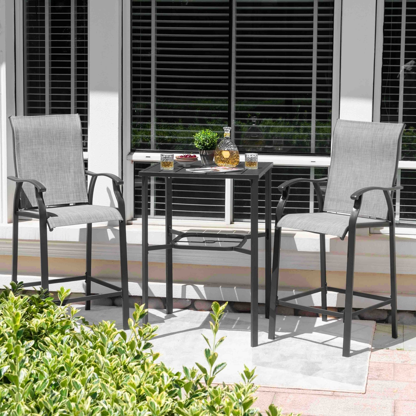 Nuu Garden Outdoor 3-Piece Textilene Bar Set, Height Back Bar Stools and Hole,