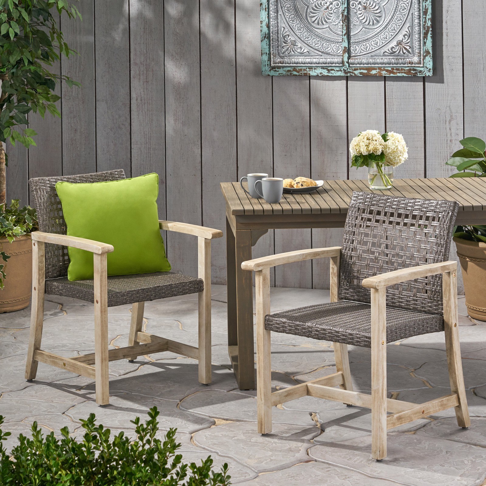 Set of 2 Wood and Wicker Dining Chairs, Natural Weave Side Chairs