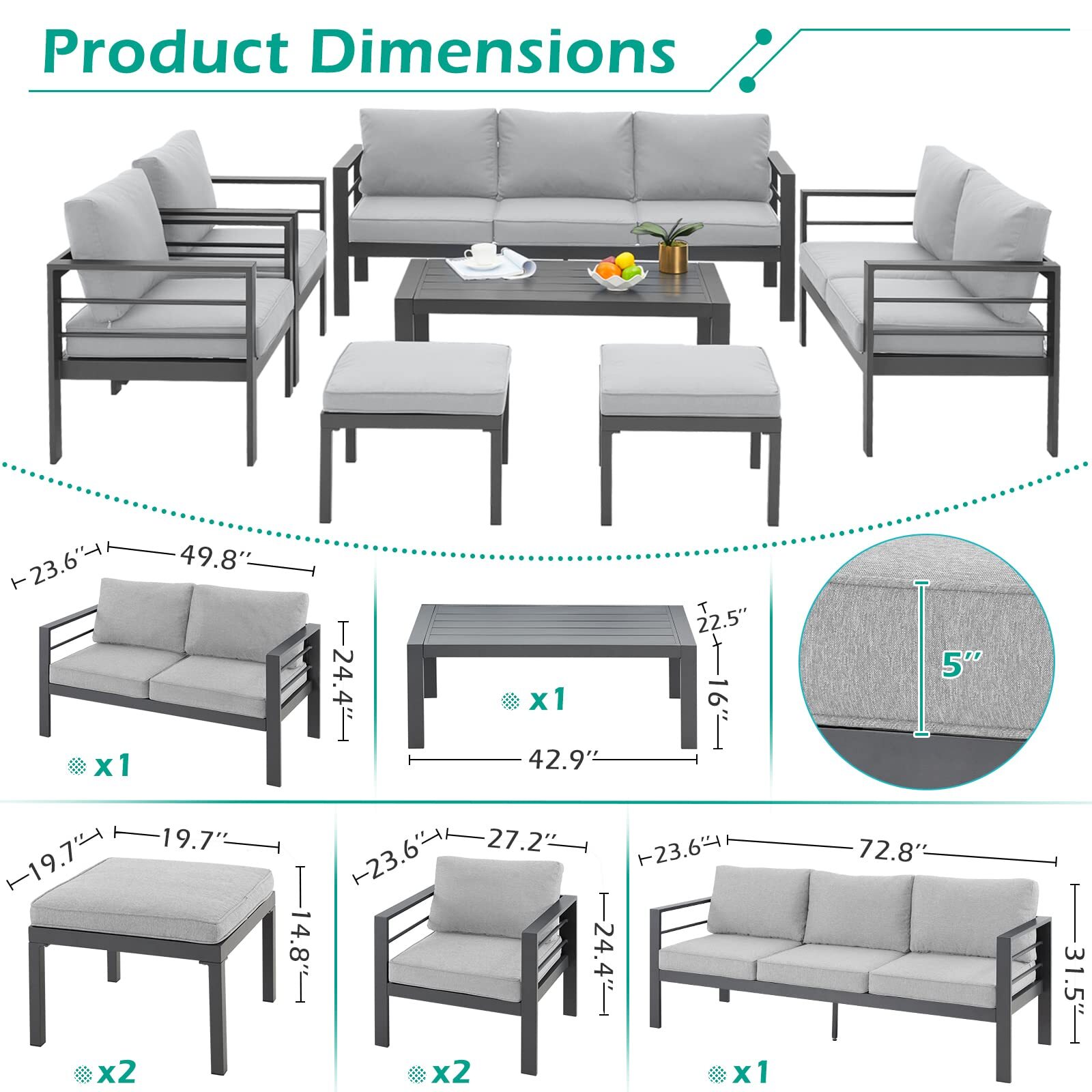 AECOJOY Aluminum Outdoor Furniture Sets Garden Conversation Set Sectional Sofa