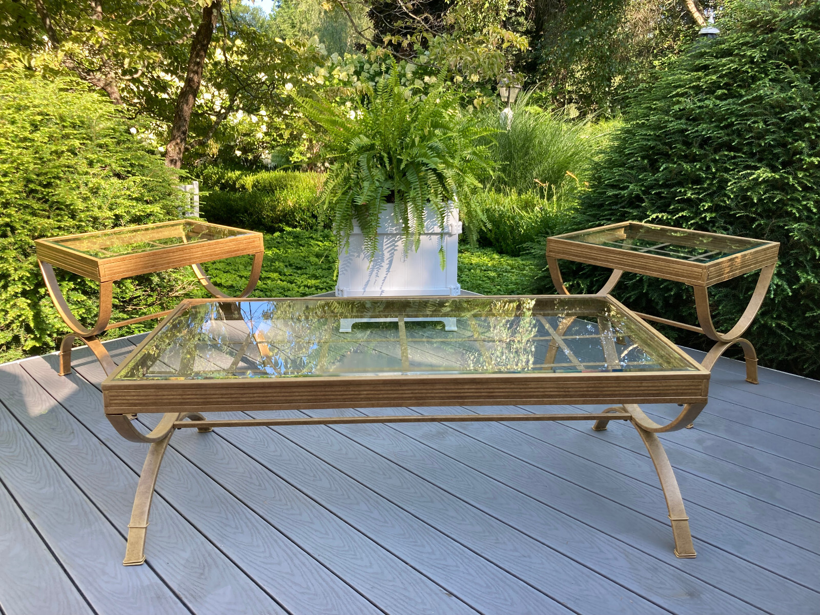 3 RESTORATION HARDWARE INDOOR OUTDOOR STEEL GLASS PATIO DECK COFFEE & END TABLES