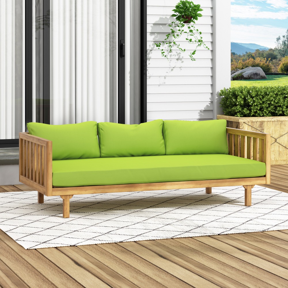 Solid Teak Color Daybed – Outdoor/Indoor Patio Bed w/ Water-Resistant Cushions