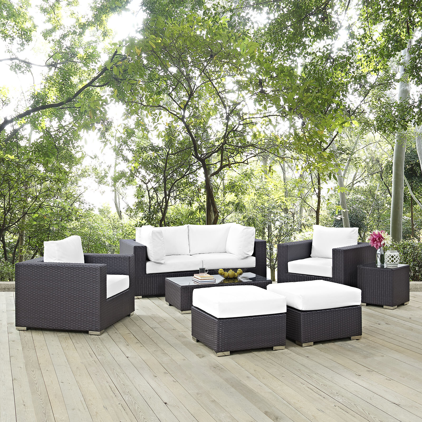 Modway 8PC Wicker Rattan Cushioned Outdoor Patio Sectional Set in Espresso White