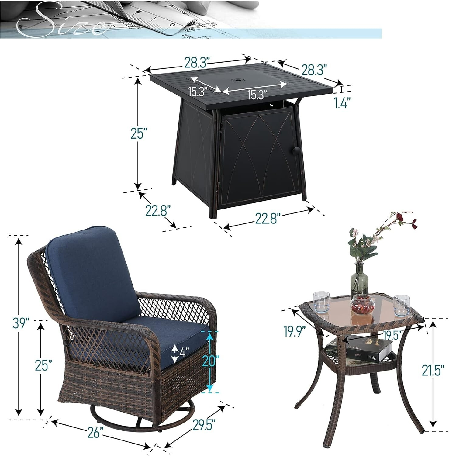 4 Piece Patio Furniture Set Outdoor Swivel Rocker Chairs with Gas Fire Pit Table
