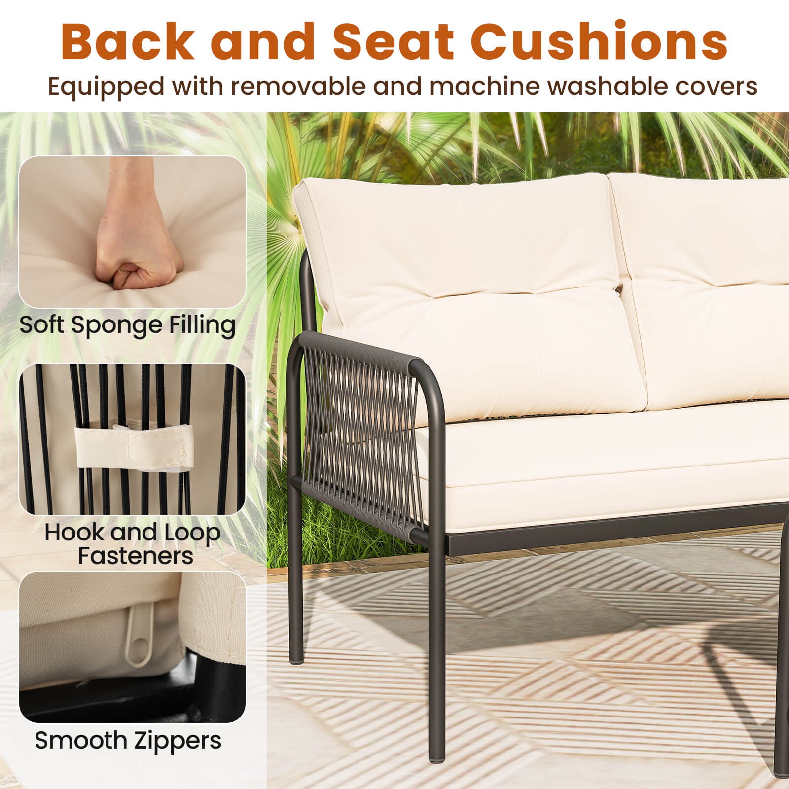 3-Piece L Shaped Patio Furniture Set w/Tempered Glass Table Back & Seat Cushions