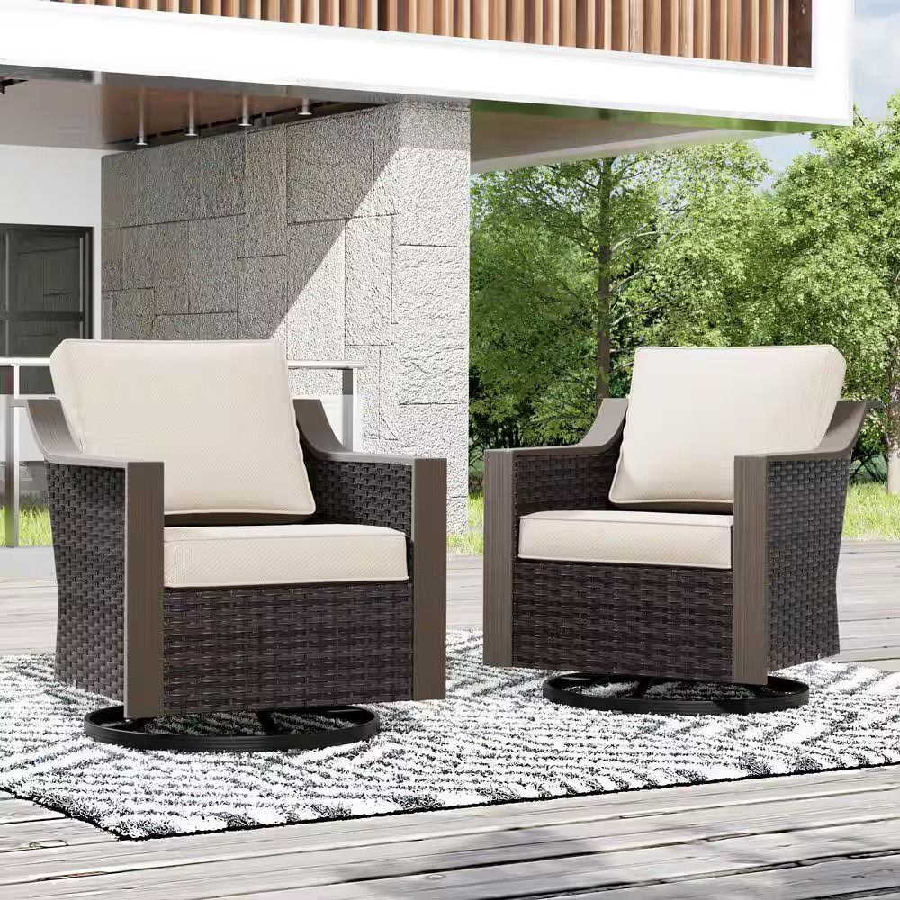 2-Piece Brown Wicker Outdoor Rocking Chair Patio Swivel Chair Set with Beige Cus