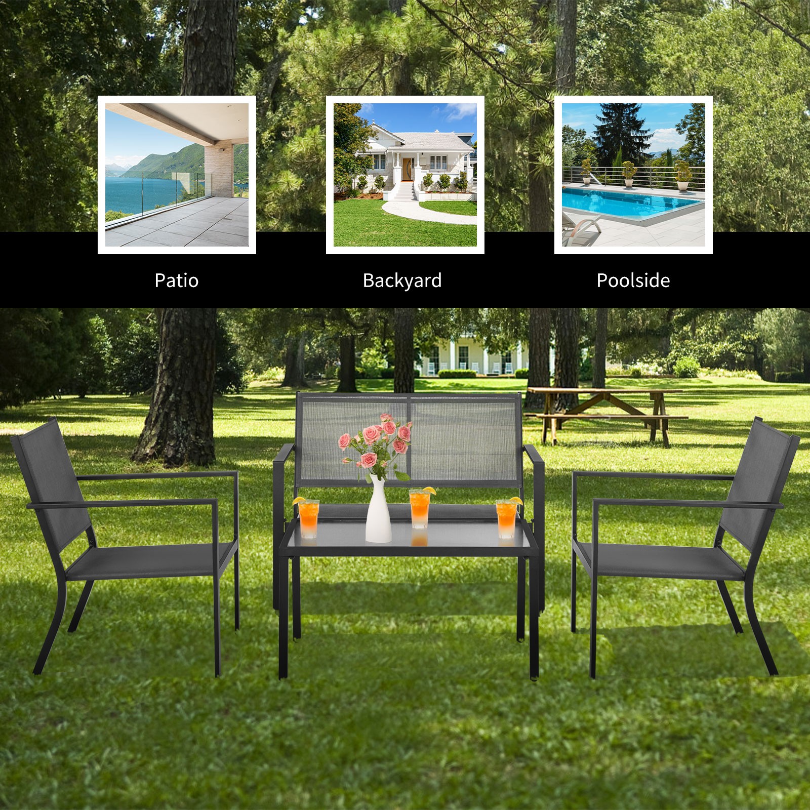Patiojoy Set of 4 Patio Furniture Set Sofa Coffee Table Steel Frame Garden