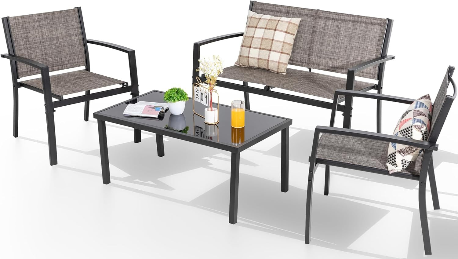Light Brown 4-Piece All-Weather Patio Furniture Set with Glass Table & Chairs