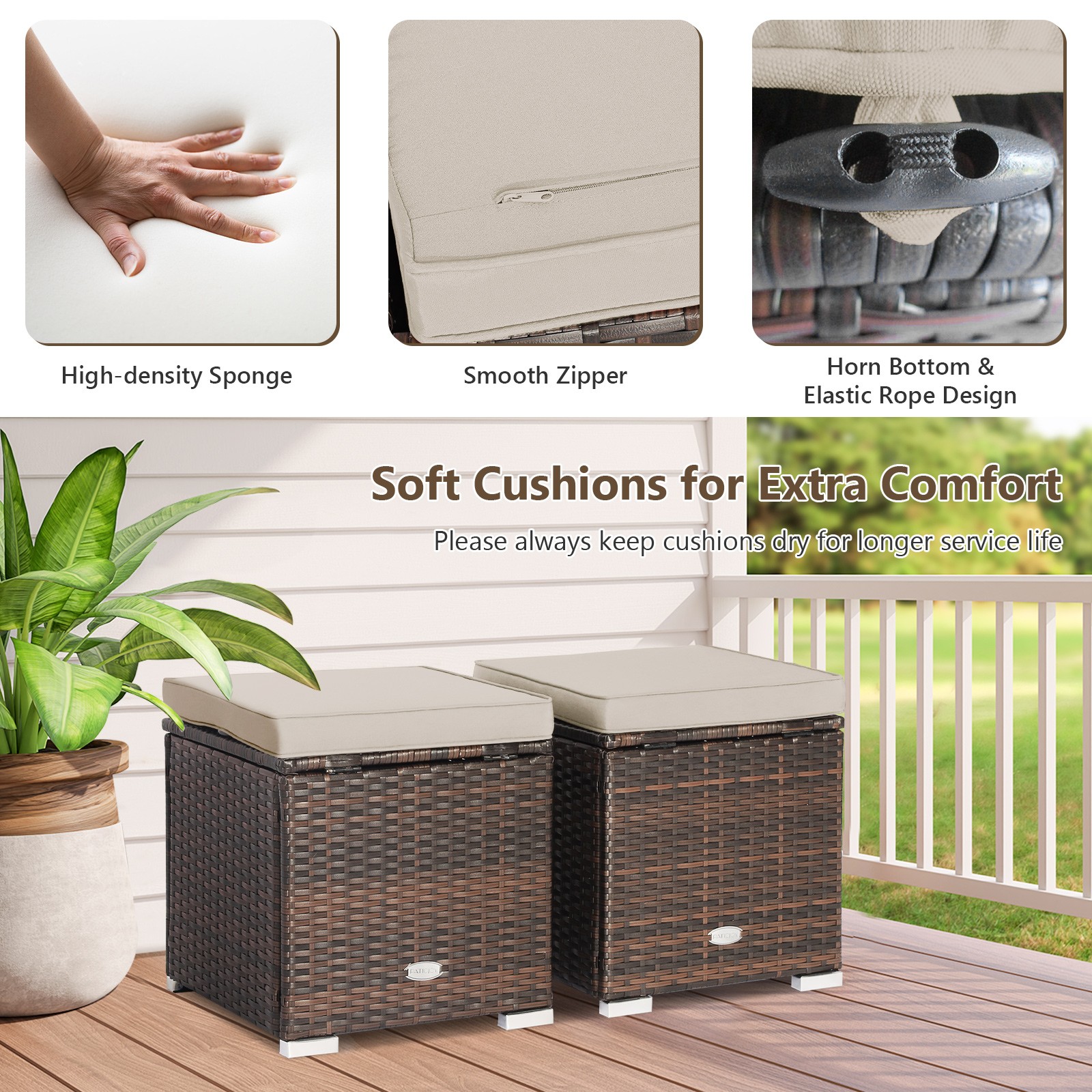 2PCS Patio Rattan Ottomans Seat Side Table Storage Box Footstool W/Cushion Beige