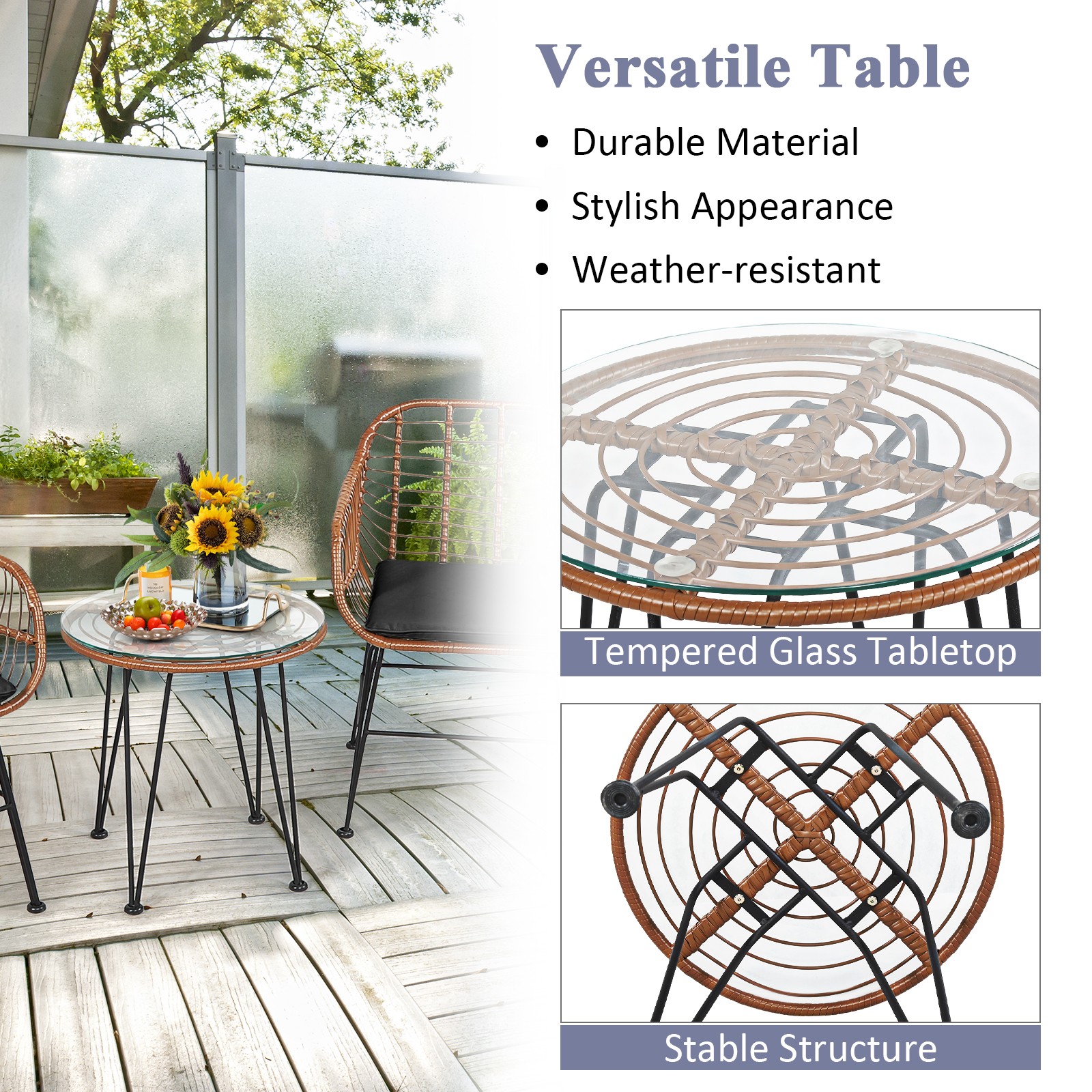 Patiojoy 3PCS Patio Rattan Bistro Set Coffee Table Armchair Garden Black Cushion