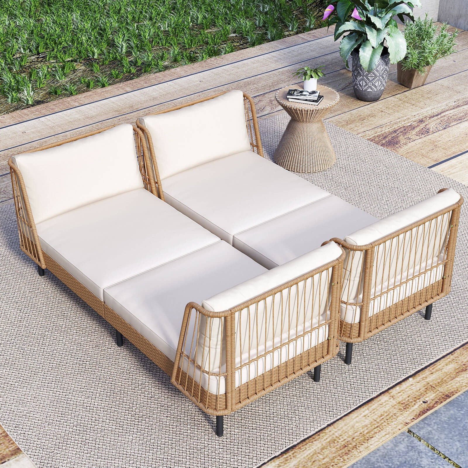 Patio Wicker Daybed w/Seat Back Cushions Robust Metal Legs For Backyard Porch