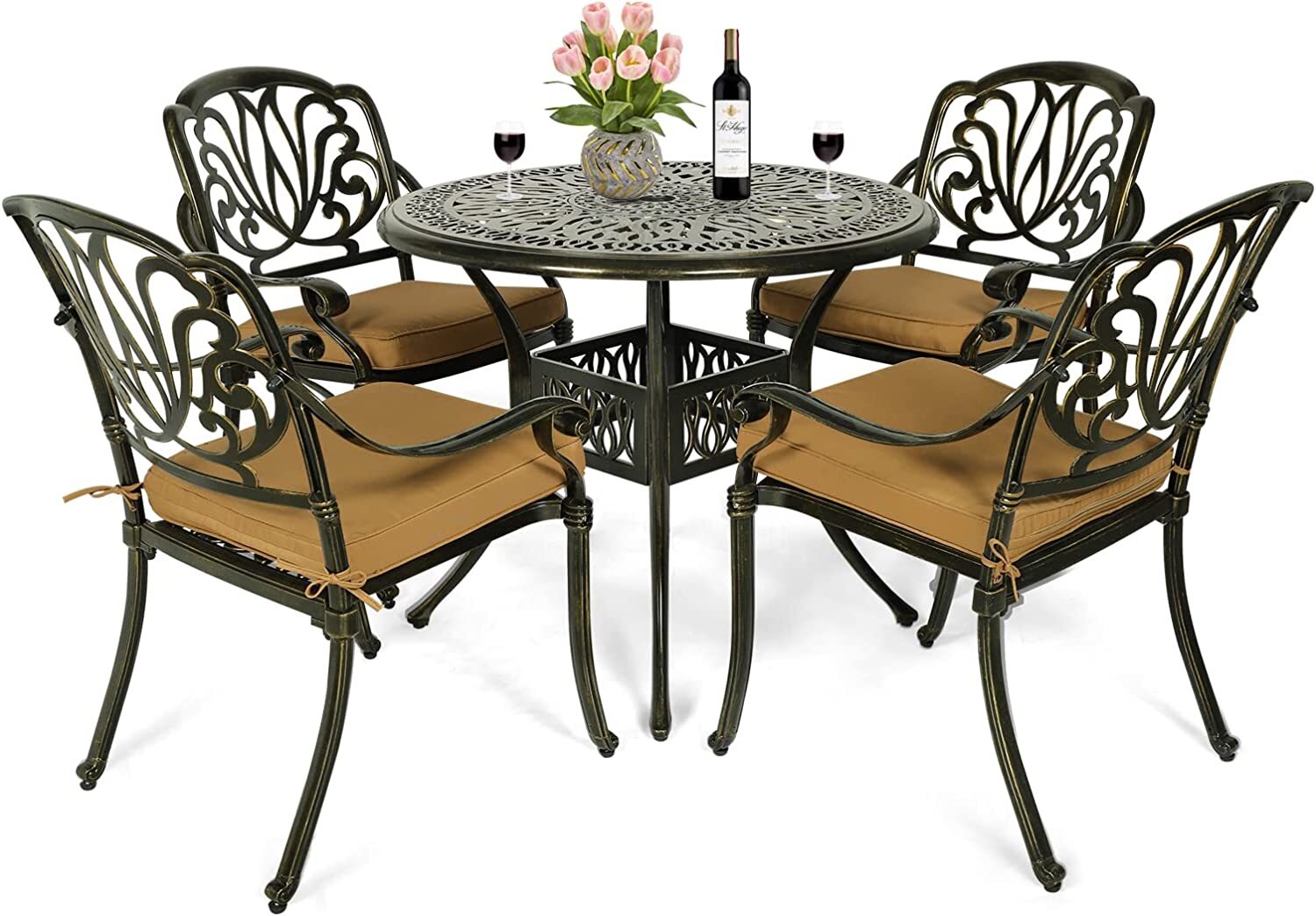 5PC Patio Dining Set Outdoor Cast Aluminum Furniture W/ Round Table Chair Bronze