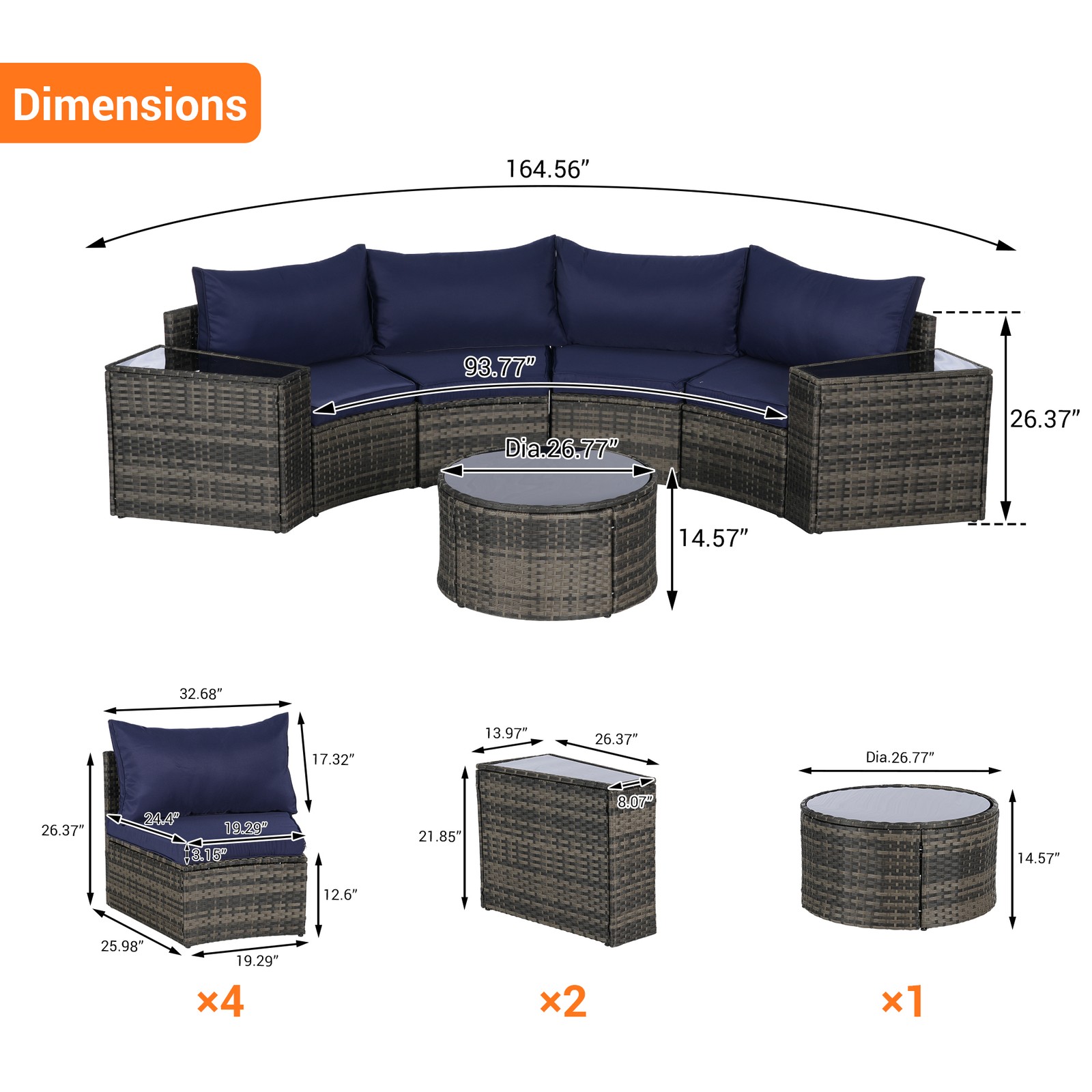 7 PC Patio Sectional Sofa Set w/Glass Coffee Table, Dark Blue Cushions