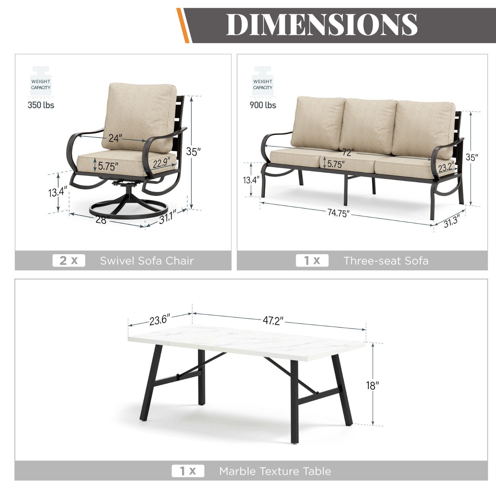 Patio Furniture Set with Coffee Table Outdoor Conversation Sofa Swivel Chair Set