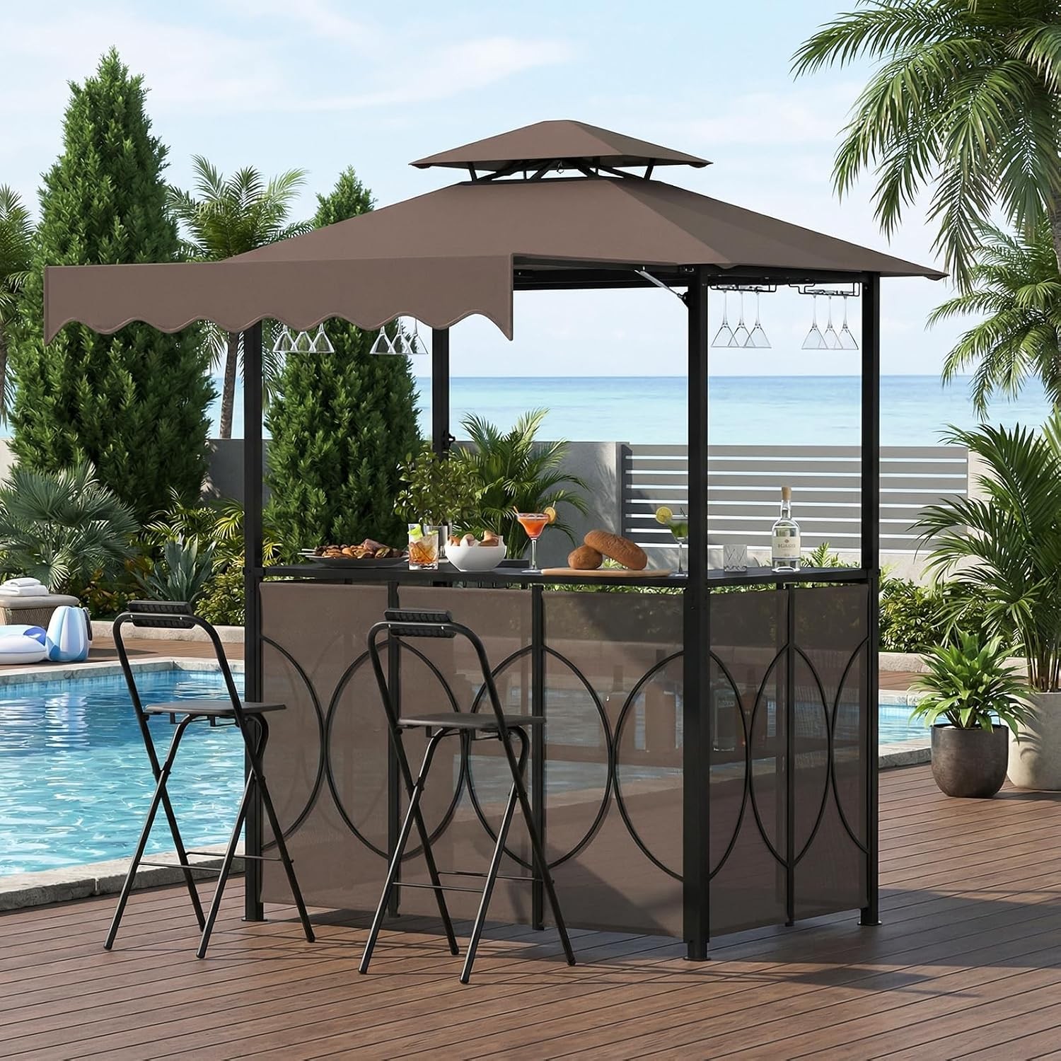3-Piece Patio Bar Set Double Tiered Grill Gazebo W/ Bar Table & 2 Foldable