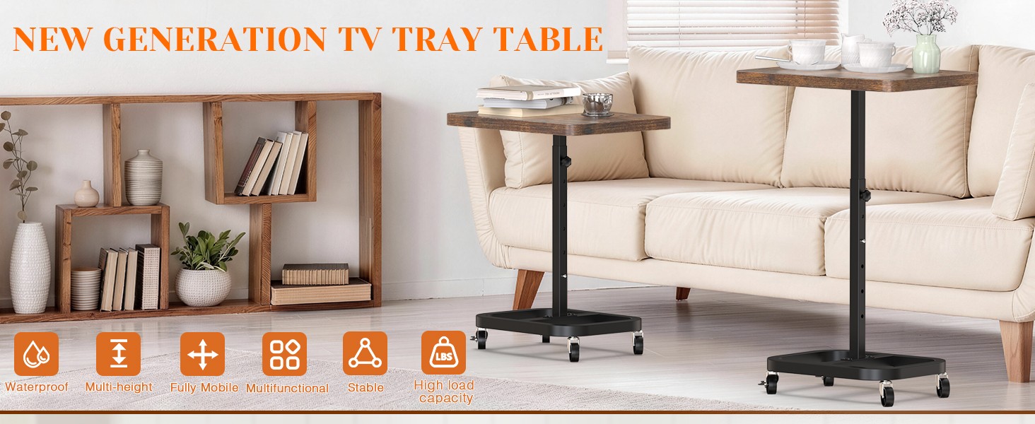 Adjustable Height Mobile TV Tray Table with Wheels, Portable Rolling Desk,