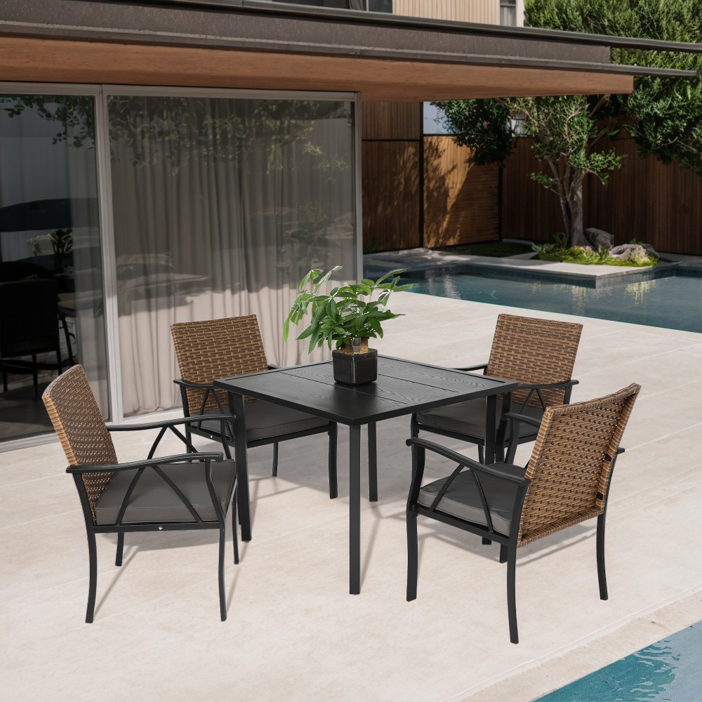 Wicker Patio Dining Set, Steel Top, Cushions