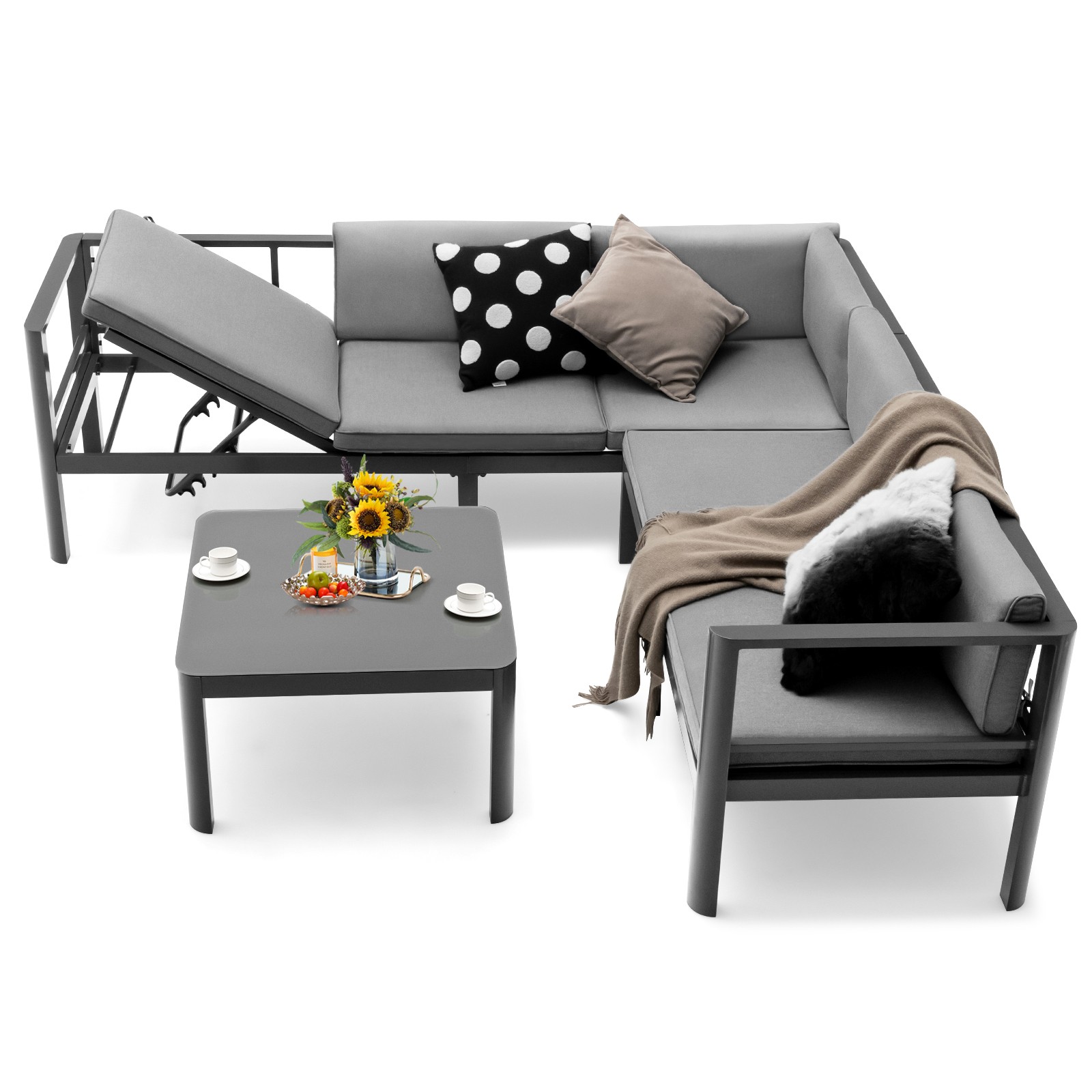 3 PCS Aluminum Patio Sofa Set Outdoor 3-Seat Sofa w/ 6-Level Reclining Backrest