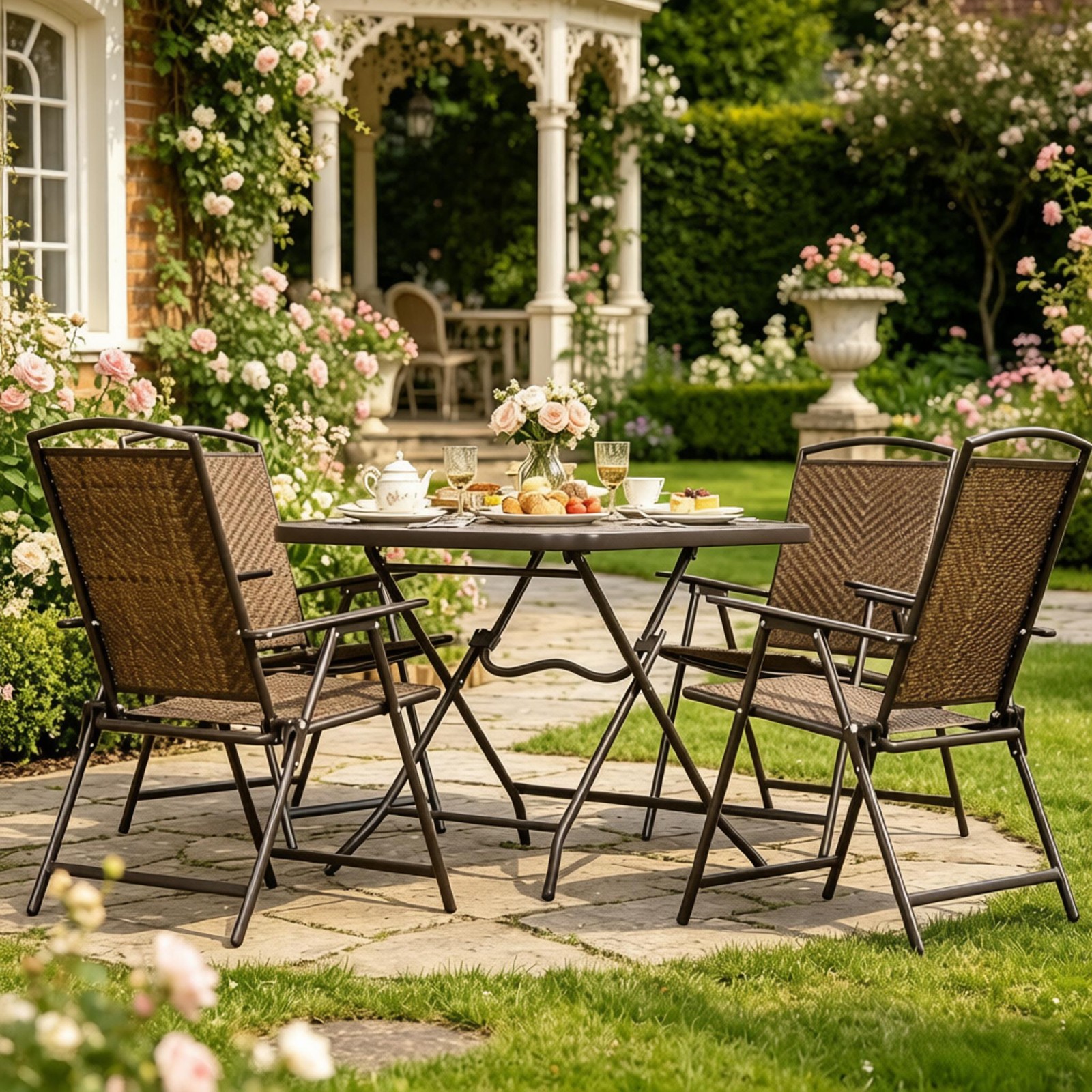 5-Piece Foldable Patio Dining Set with Tempered Glass Table & PE Wicker