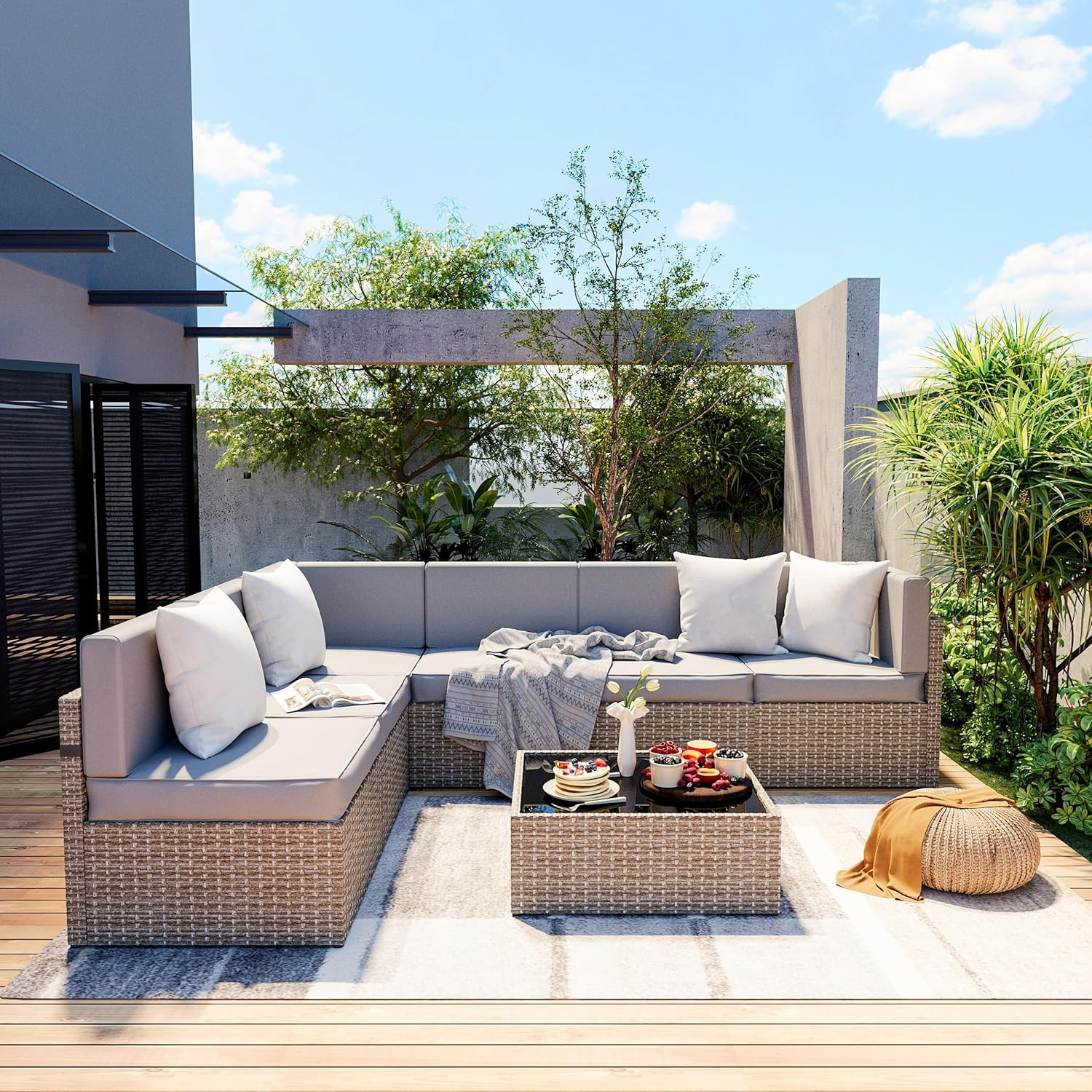 7-Piece Outdoor Sectional Furniture Set, All-Weather Wicker Patio Sofa with Wash