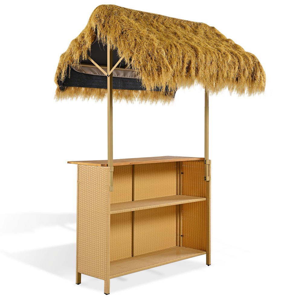 2-Piece Outdoor Tiki Bar Set w/ Adjustable Feet & Storage Space, Acacia Wood Top
