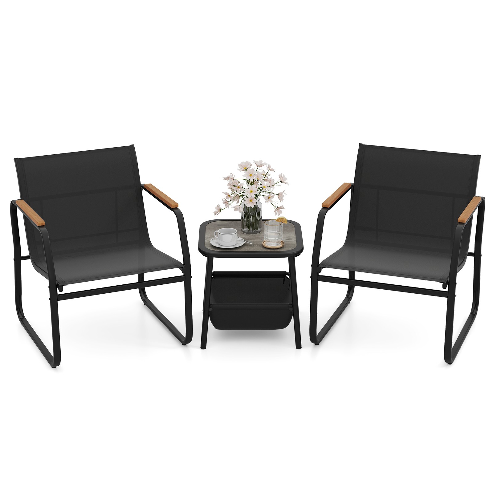 3 PCS Patio Furniture Set w/ Breathable Mesh Fabric and Metal Frame Garden