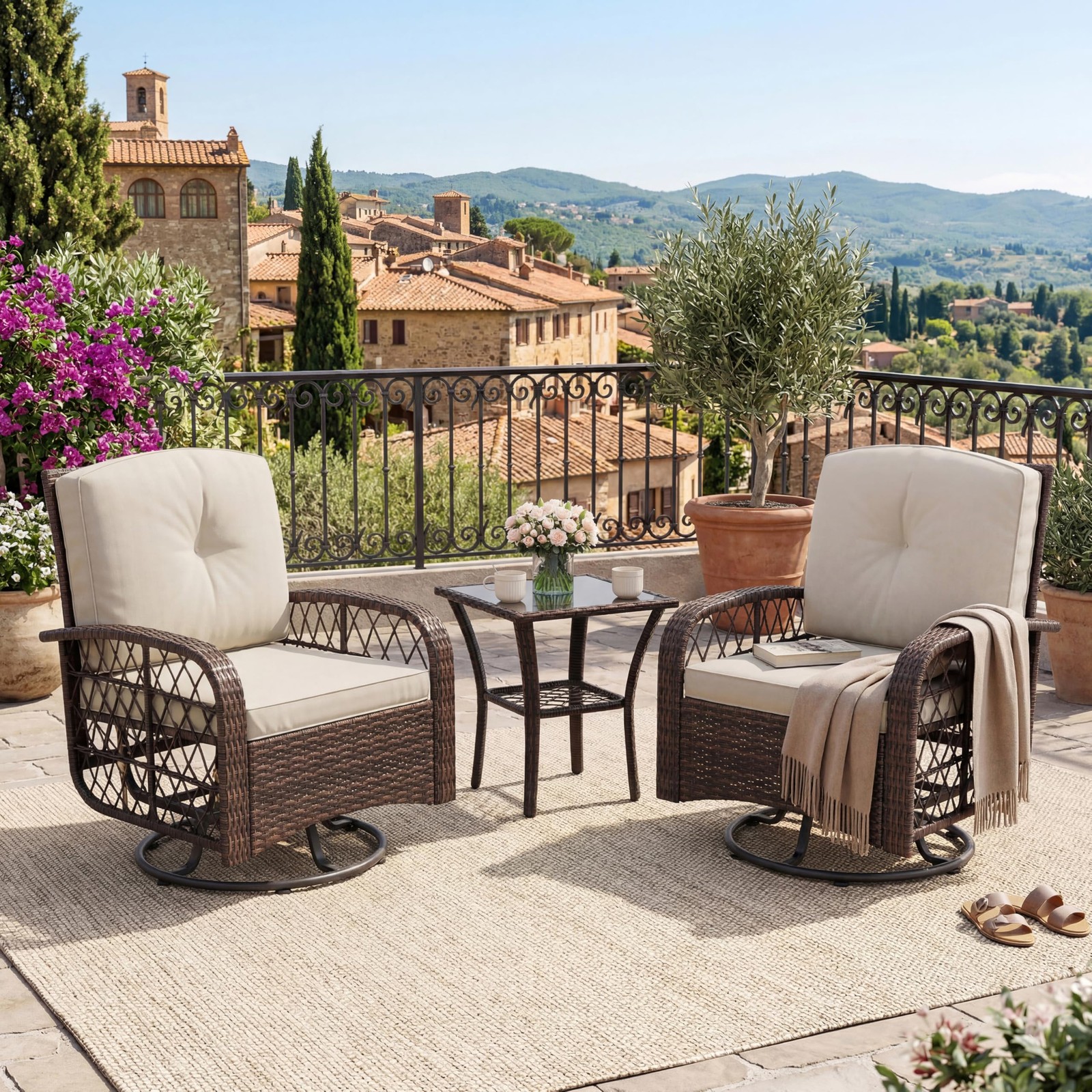 3 Piece Outdoor Swivel Rocker Chairs Set Patio Furniture Cushions Glass Table