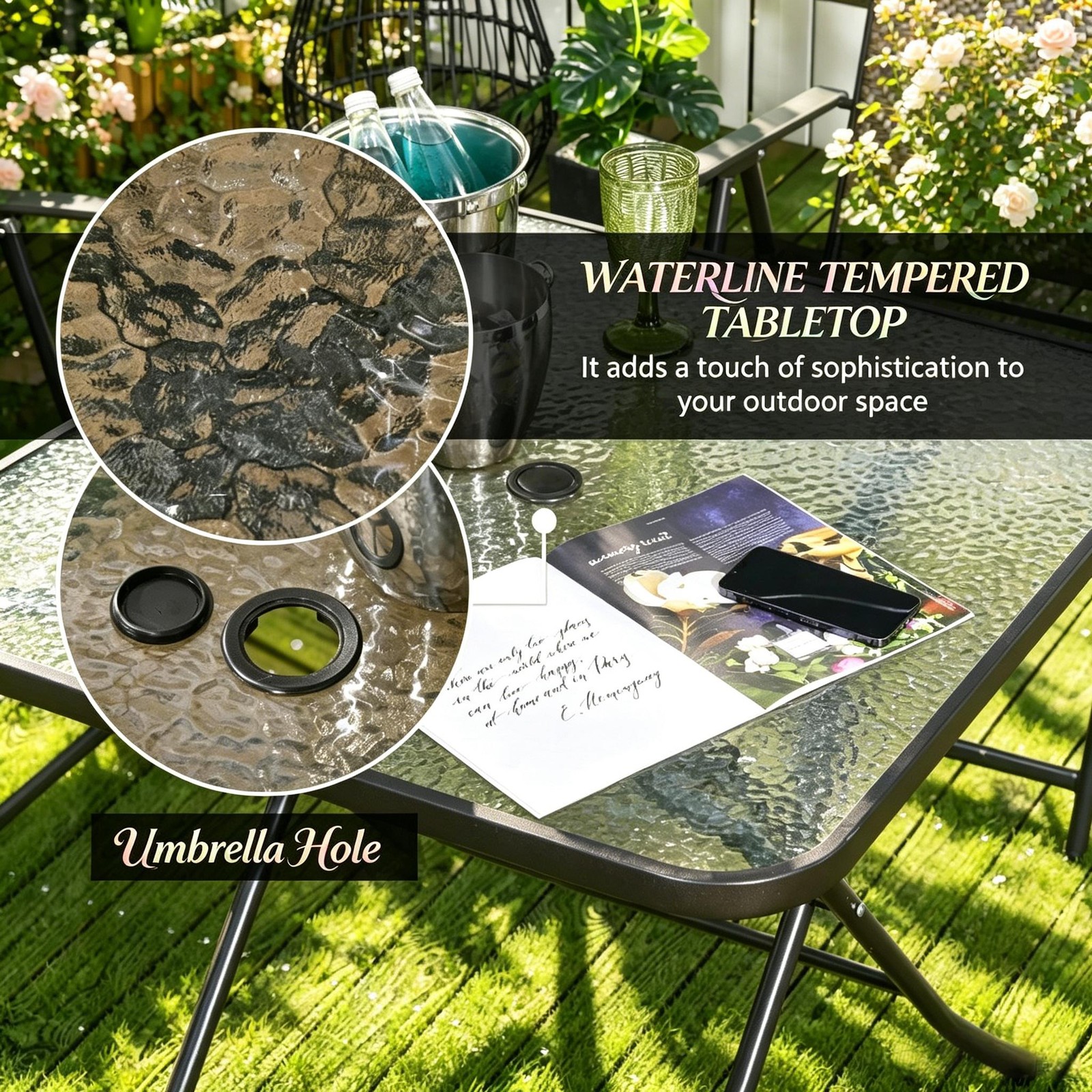 5-Piece Foldable Patio Dining Set with Tempered Glass Table & PE Wicker