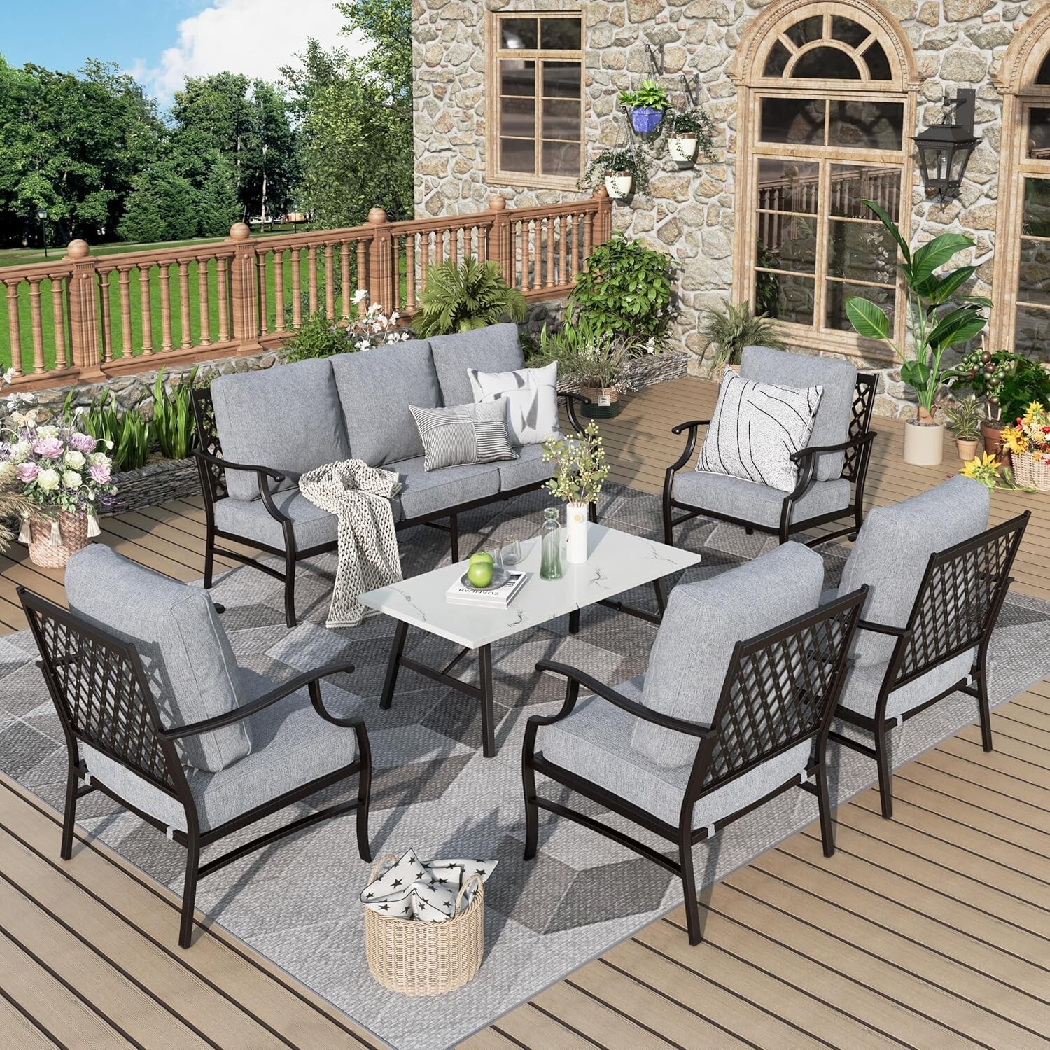 6 Pieces Patio Furniture Set Outdoor Conversation Set w/ Table for Lawn Backyard