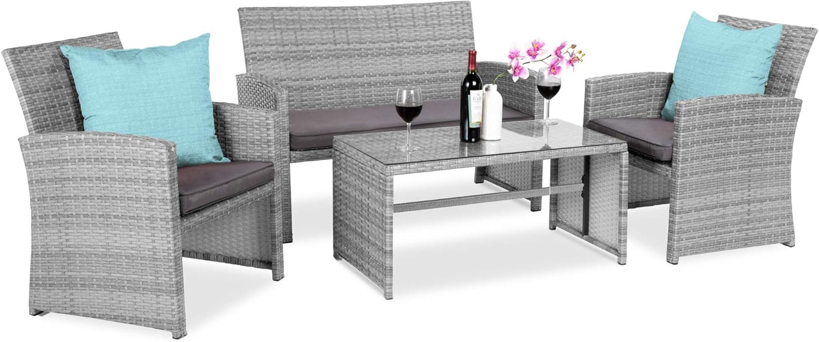 4-Piece Gray Wicker Patio Conversation Set with Cushions & Coffee Table