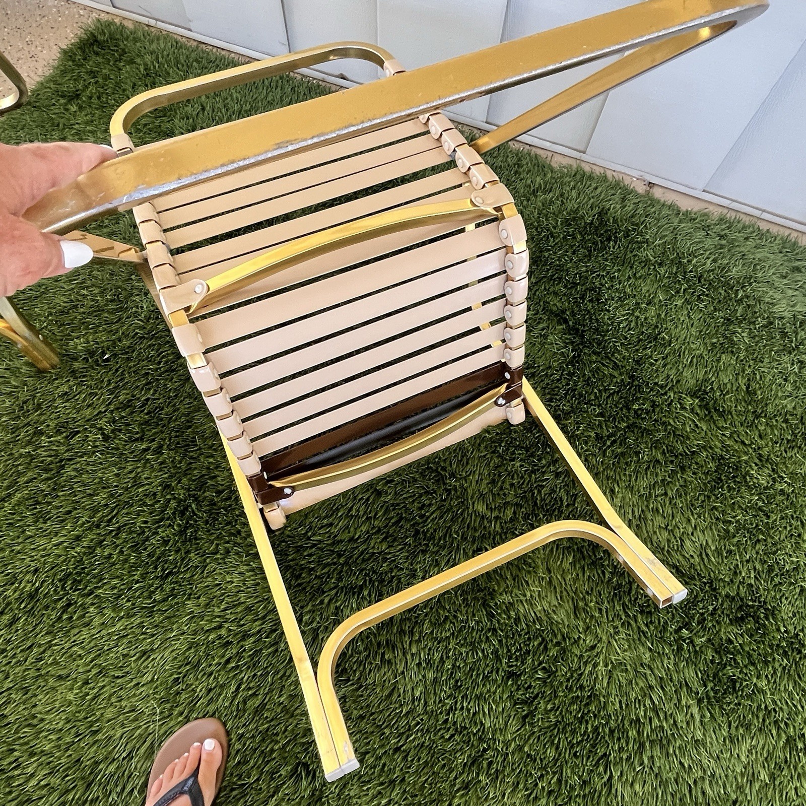 Vintage 1980s 4 Chair Set Patio Furniture Brown Jordan Style Gold Toned Aluminum